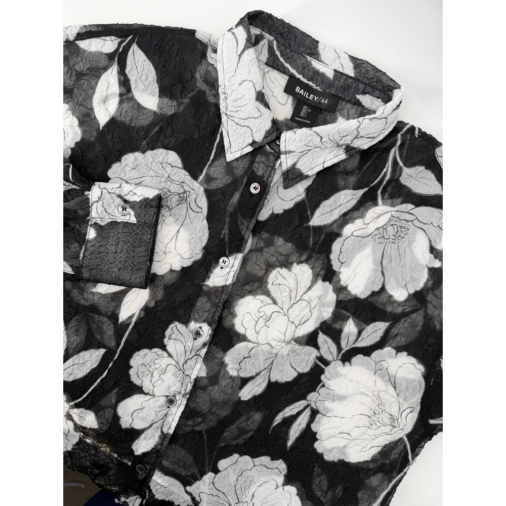 Bailey/44 Womens Floral Button Down Shirt Black White Sheer Crinkle Large L